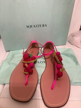 Aquazzura Pink Braided Pom-Pom Flat Sandals